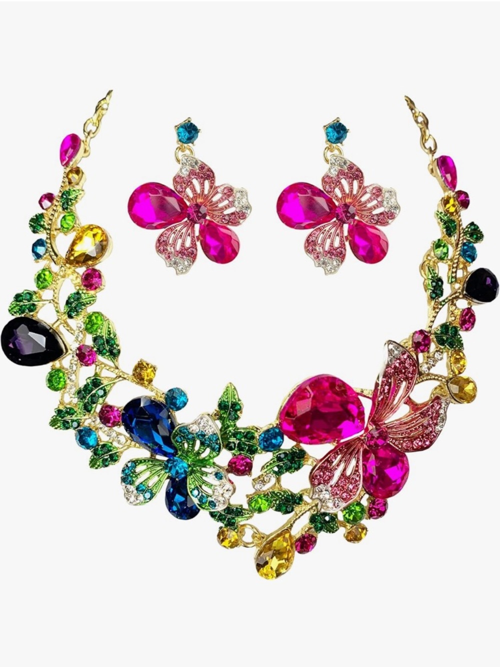 Chunky Multicolor Butterfly Crystal Necklace & Earrings Set
